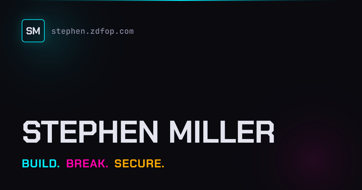 Stephen Miller social share card — boxed SM monogram, wordmark, and BUILD. BREAK. SECURE. tagline